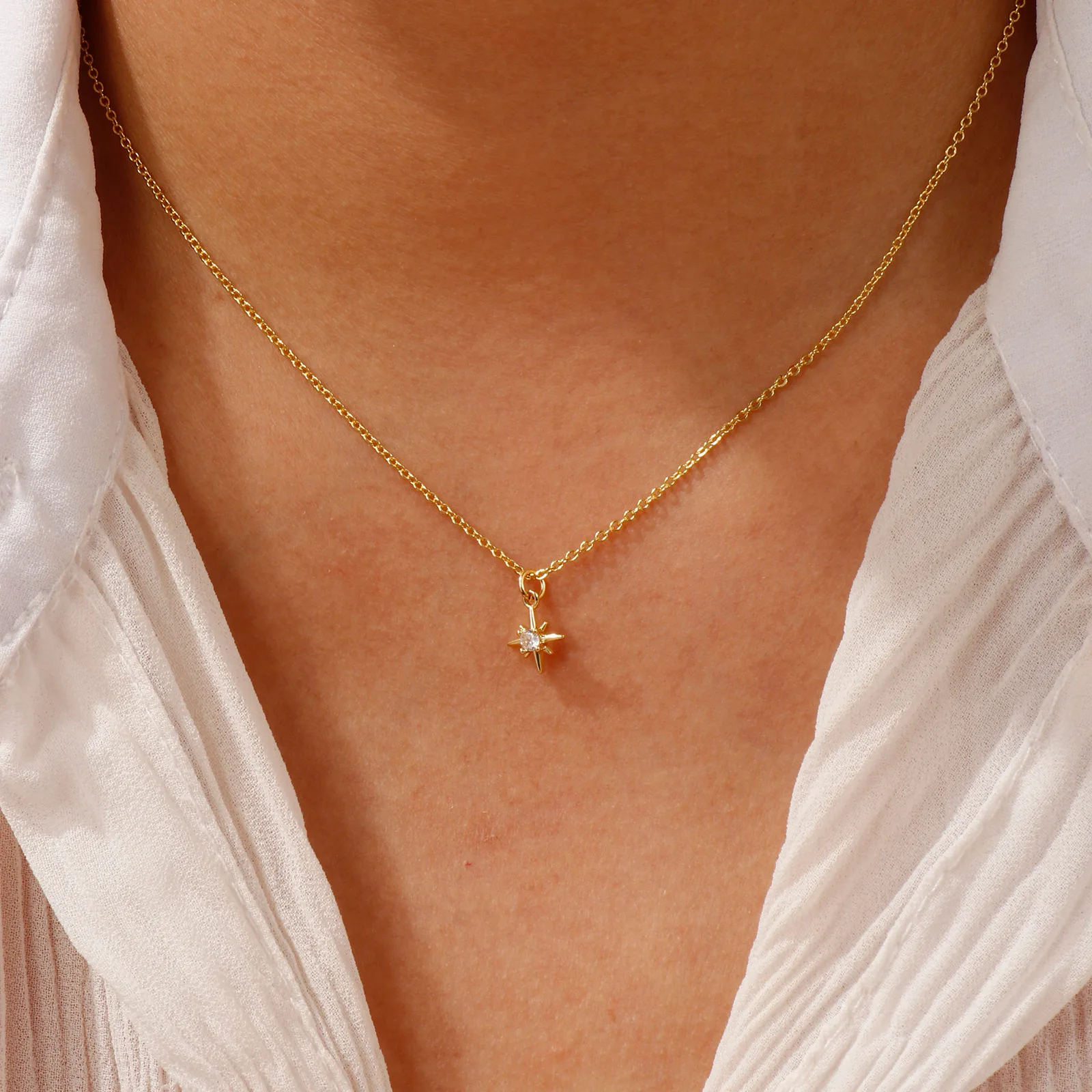 Brass Polaris Star Pendant Charm Necklace 18K Gold Plated Link Cable Chain 45cm+ 5cm For Women Clear Cubic Zirconia Galaxy Gift