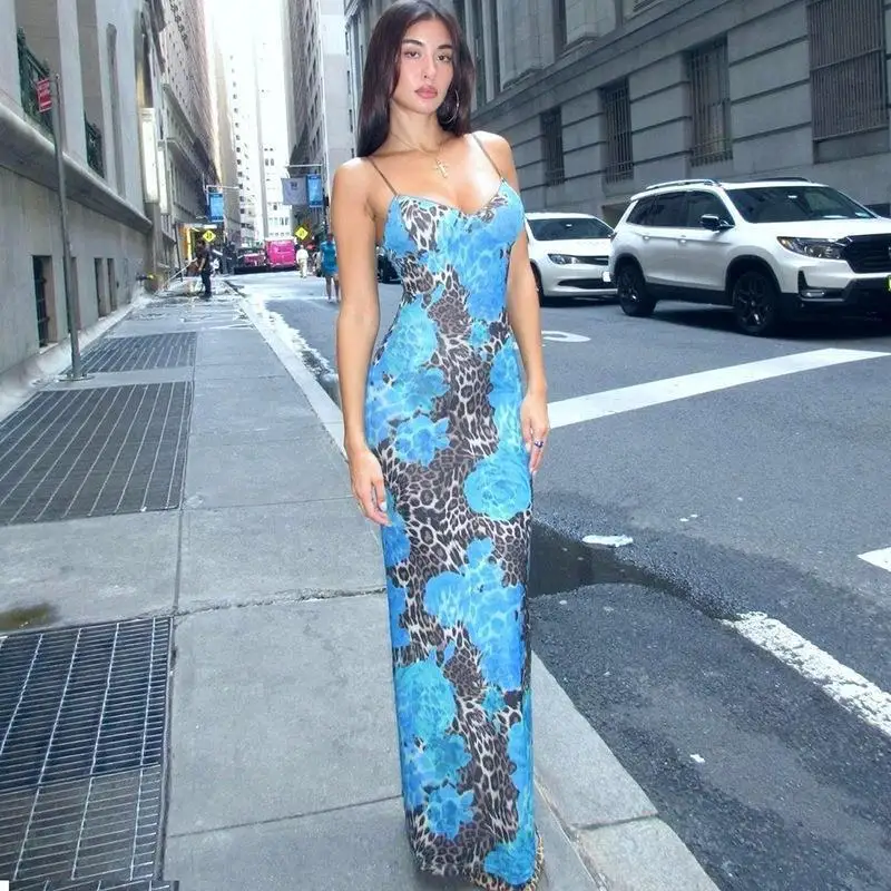 

plus Size Women's Slim Fit Leopard Print Dress Blue Strapless Gown Casual Wear Polyester Fiber No Sleeve Bodycon Dress