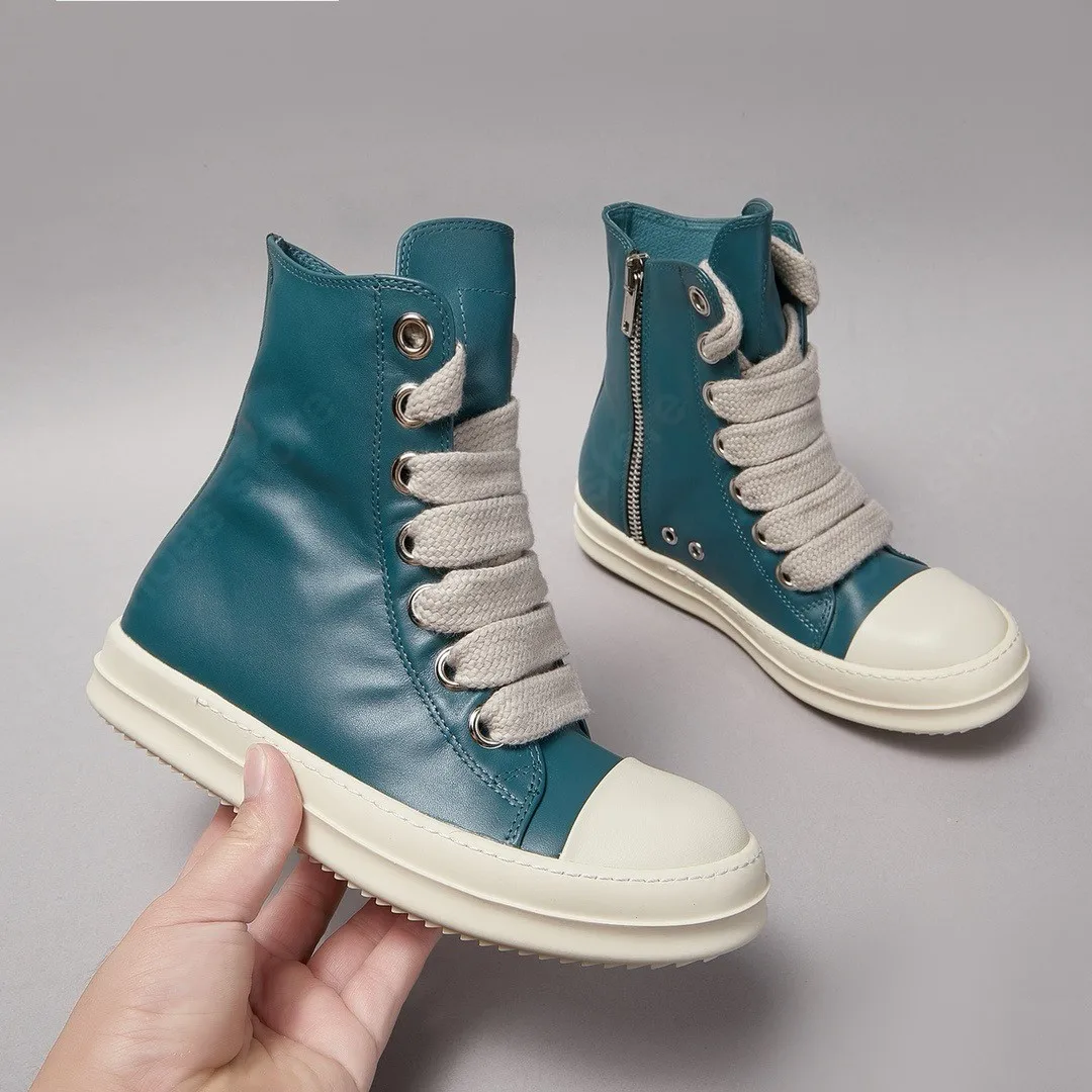 

Ricks Men Shoe Cyan Leather High Top Shoe Jumbo Laces Owens Women Sneaker Casual Shoe Owens Ankle Boot Cowhide Boots Sneakers