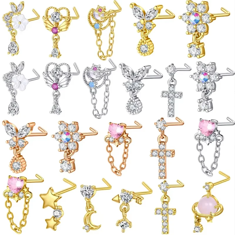 Ladies' L-Shaped Nose Ring Hanging Nose Nail Stainless Steel+Copper Curved Ring butterfly Pendant Nose Decoration 20G
