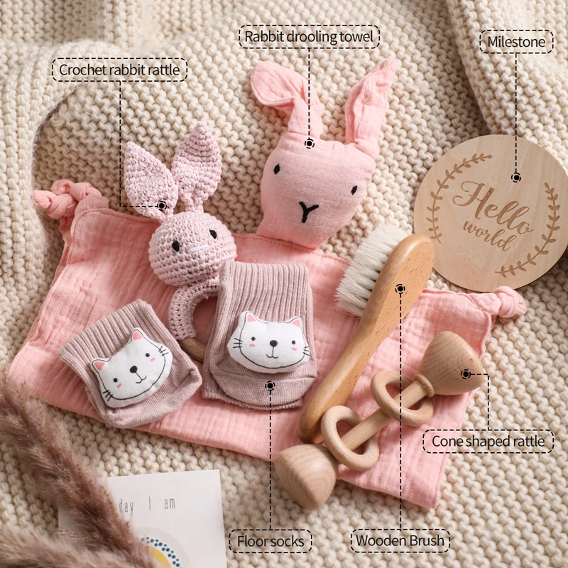 Baby Gift Set Newborn Infant Baby Towel Newborn Bath Toy Baby Drool Towel  Wood Rattle  Growth Milestone  Wool Brush  Baby Socks