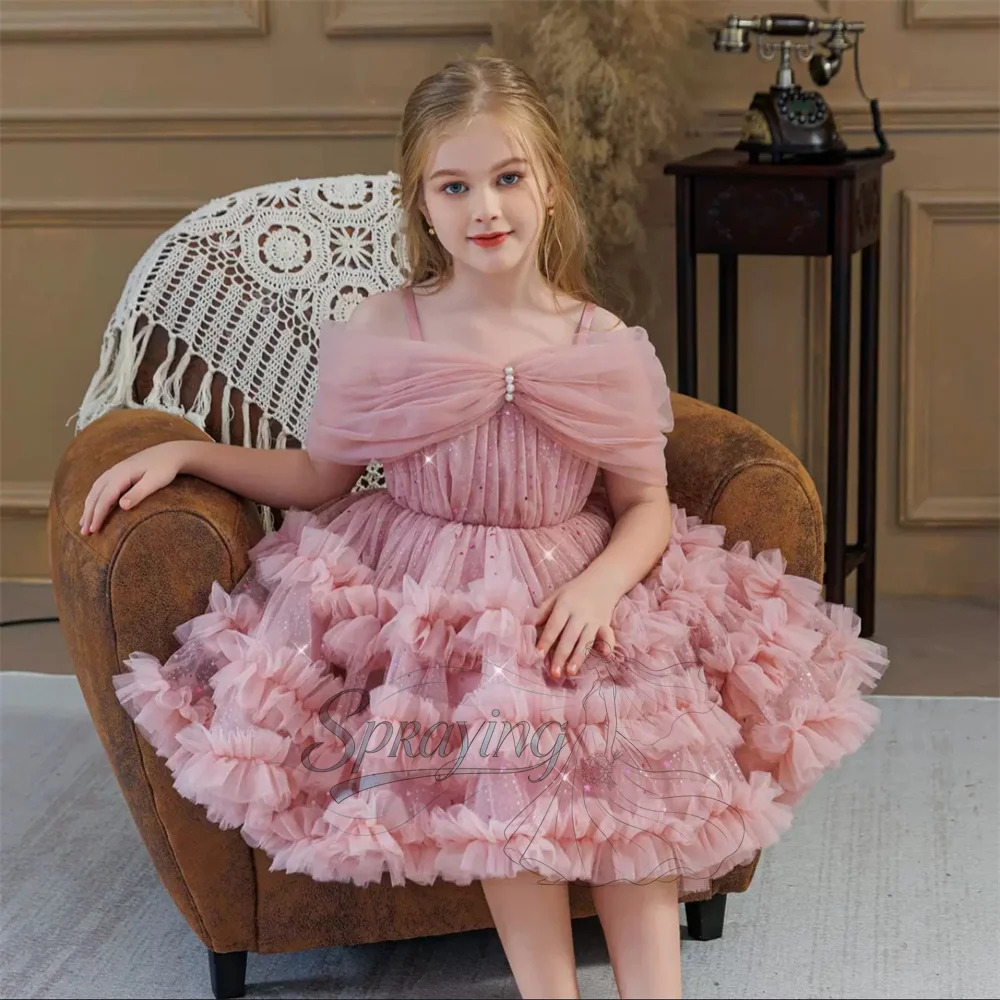 SPRAYING Princess Sparkly Tulle Tiered Mini Girl Dress Off the Shoulder Short Children Wedding Prom Gown Birthday Gown Customize