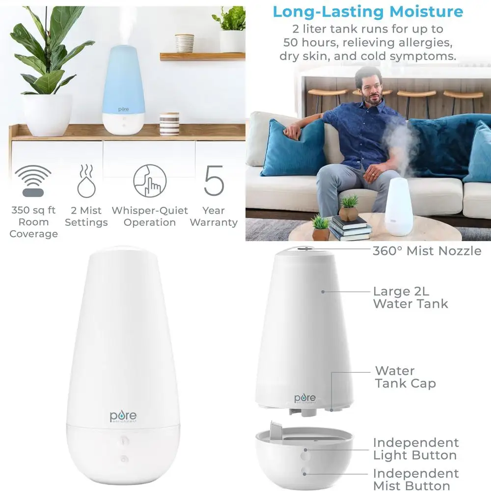 

Увлажнитель воздуха 3-в-1 для больших помещений, аромадиффузор и ночник с резервуаром на 2 л для спальни, офиса