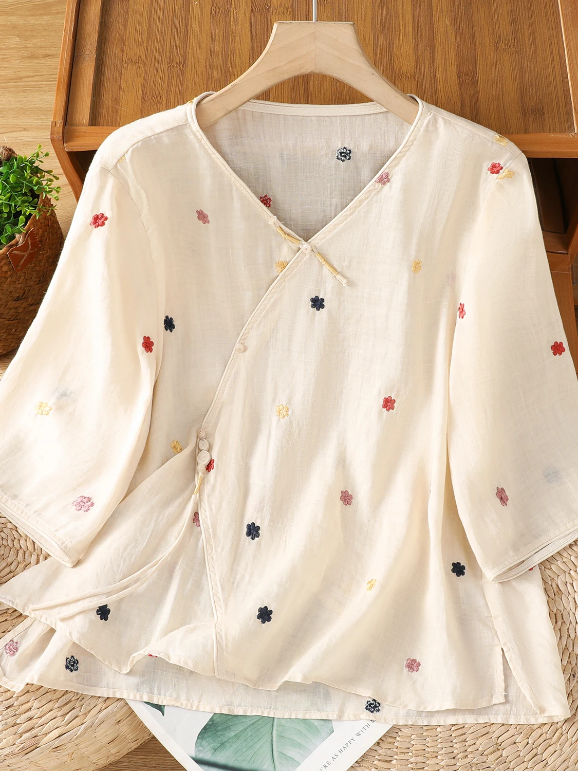 

Retro Chinese Sle Buttoned Hemp irt Women's Summer Ethnic Sle Side Button Tassel Overhead Small irt Embroidered Hemp ...