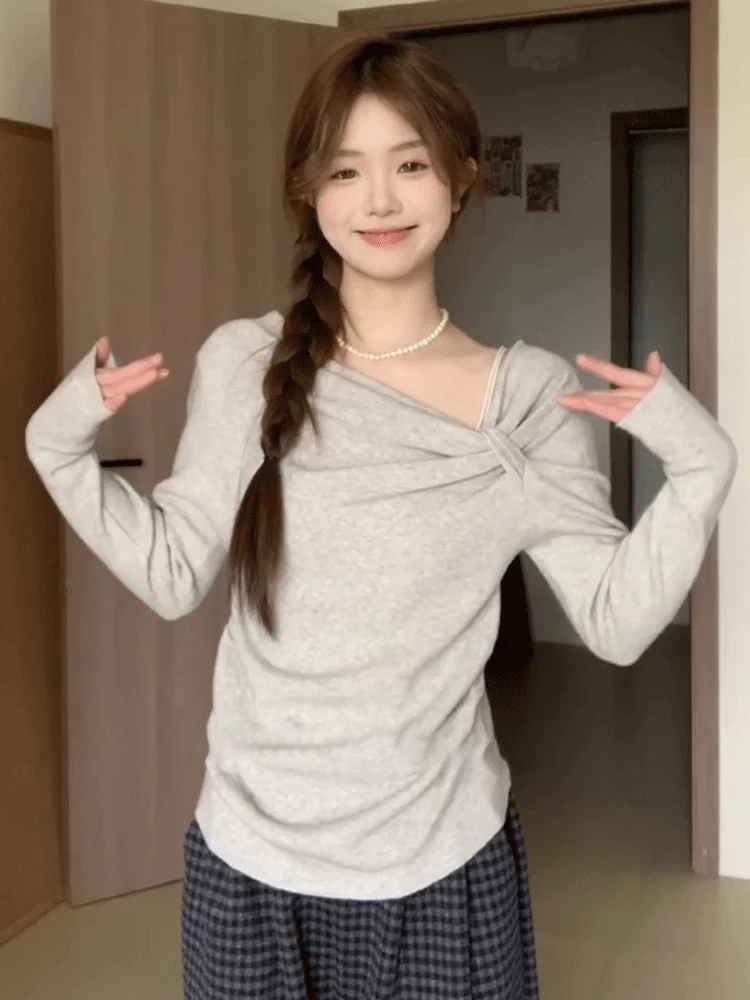 

Vintage Warm Long Sve Base irt Women's Loose Sle Autumn Winter Lazy Faion Top Korean Version Comfortable T-irt