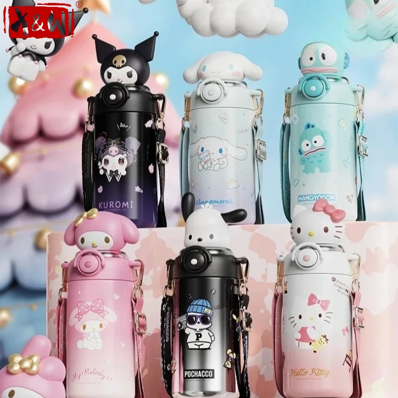 X&W for Sanrio Hello Kitty Insulated Cups Stainless Steel Tumbler Cartoon Comic Thermal with Straw&Lid Cold and Hot Water Bottle