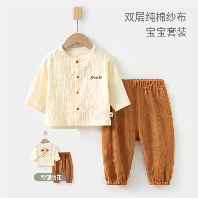 Baby Pajama Sets Baby Homewear Long Sleeve Double Pure Cotton Top Pants Children Summer Air Conditioning Room Clothes Girls