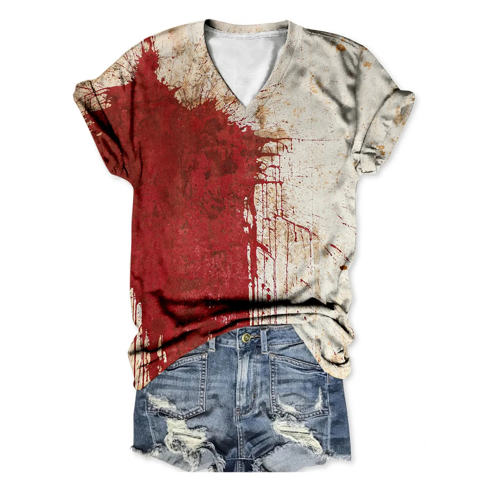 I'M Fine Bloody T Shirt Women Halloween Shirt V-Neck Short Sleeve Women's Blouses Bloody Splatter Tees Top Female Clothing