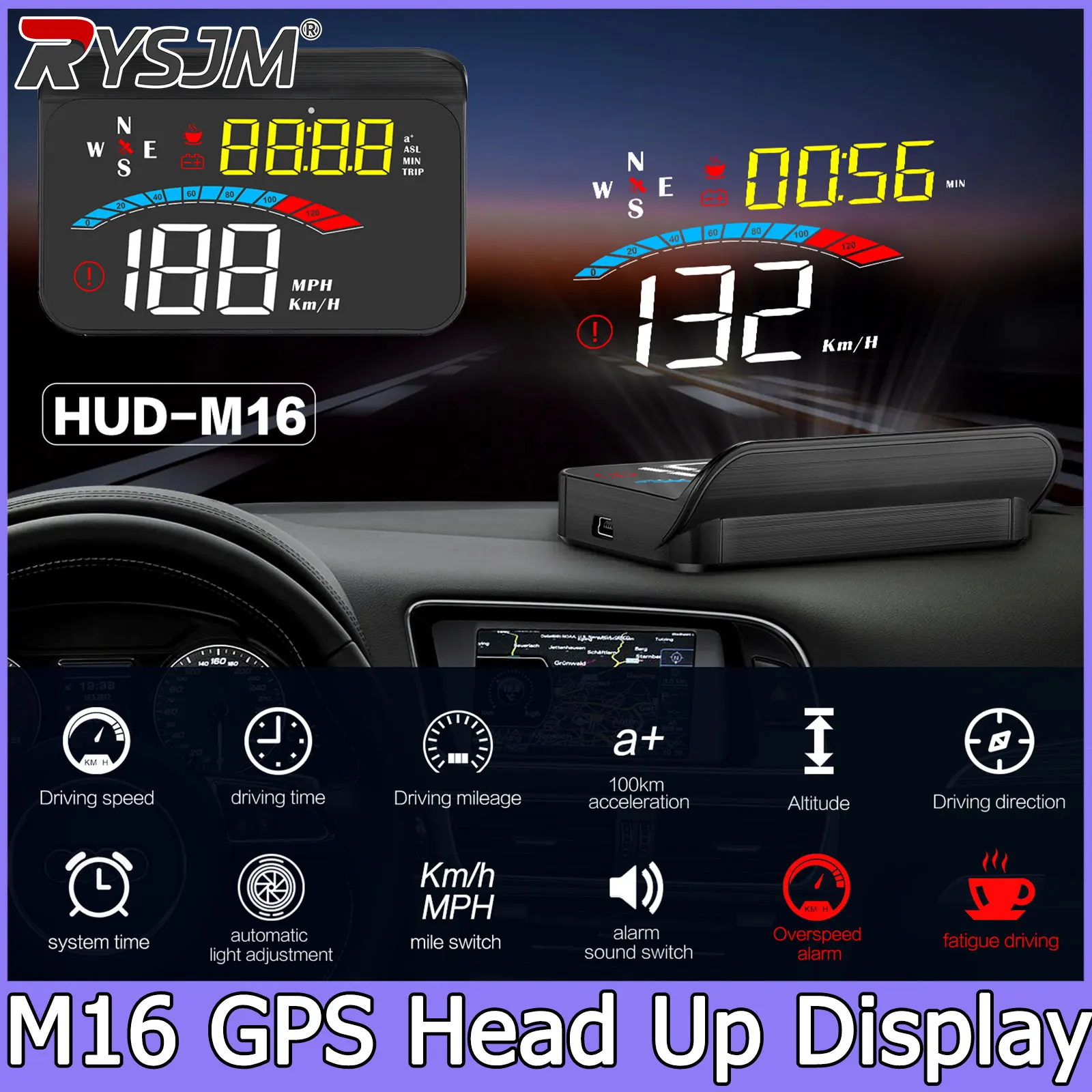 M16 GPS HUD für alle Autos, Head-Up-Display, Windschutzscheibenprojektion, Tachometer, digitaler Projektor, Geschwindigkeit, Spannung, Entfernung, Höhe