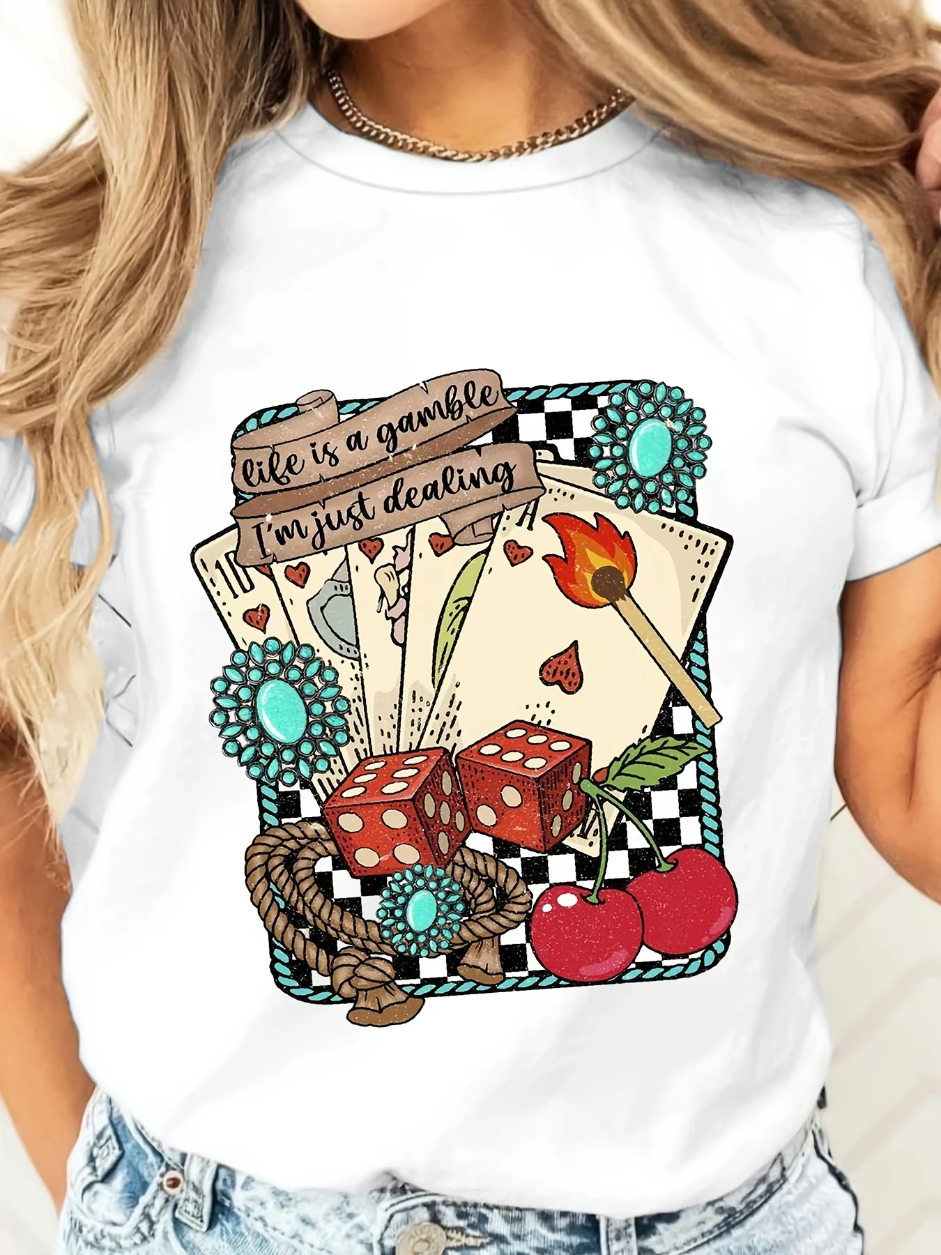 Life Is A Gamble I'm Just Dealing Playing Cards Dice Cherries T-Shirt, Casino Gambling Theme Graphic Tee, Casual Daily Wear P
