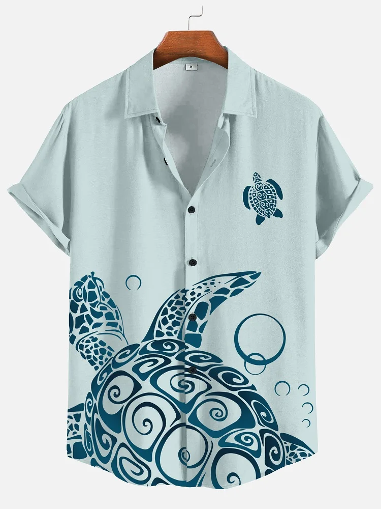 

Vintage Sea Turtle Print Men's Casual Shirt Japanese Art Linen Blend Comfortable Breathable Hawaiian Turndown Collar Short Sleev