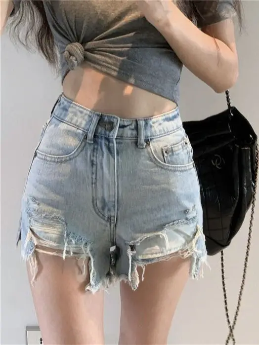 High Waist Distressed Frayed Denim Shorts Women Summer New Style Slimming Asymmetrical Street Loose Straight Cut Super Short ...