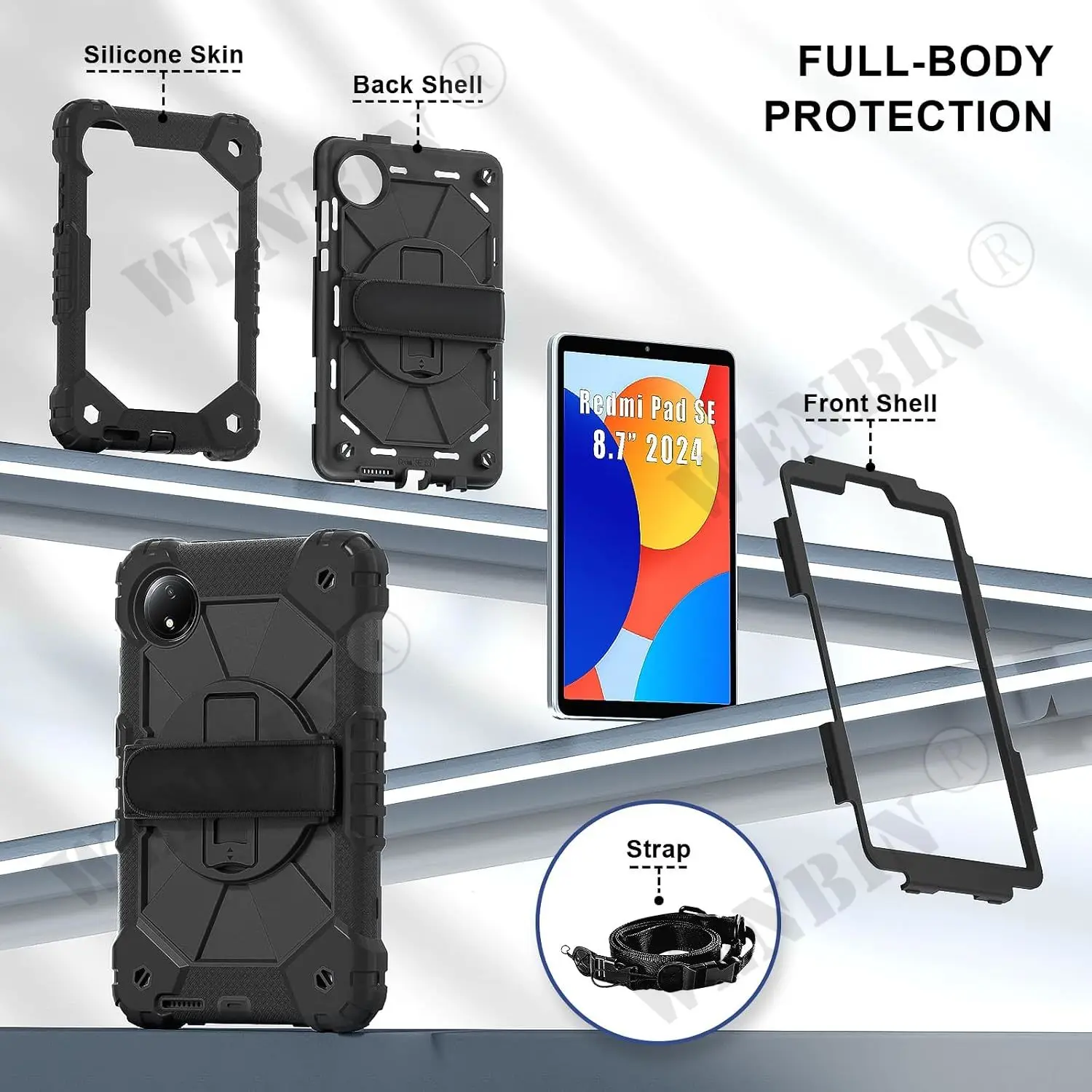 Case For Redmi Pad SE 8.7 2024 Heavy Duty Rotating Shockproof Stand Hand Shoulder Strap Case Fundas