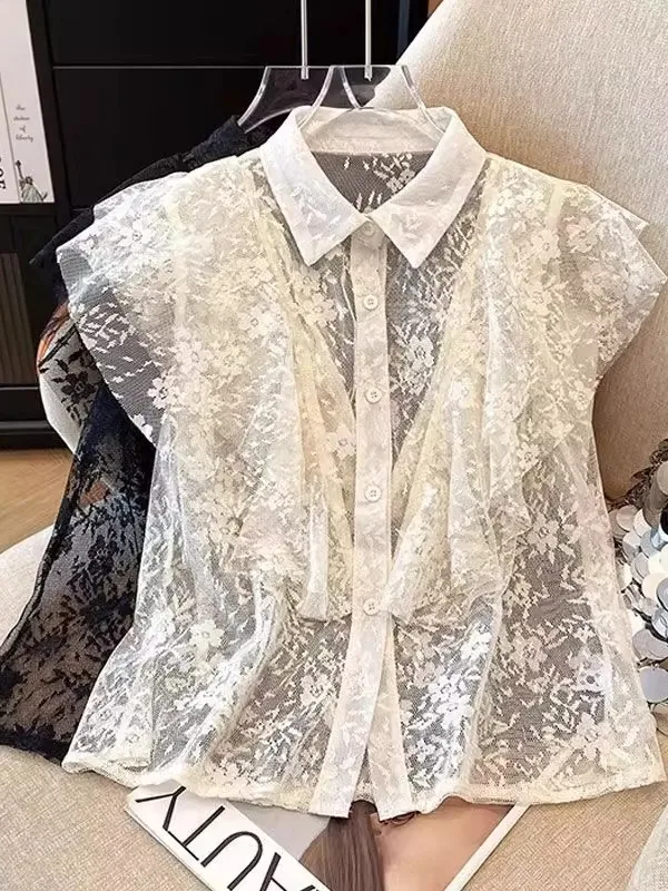 

Faionable Lace Splice ort Sve irt Women's Sle Slimming Design Summer 2025 Trendy Korean Version Loose Fit T-irt