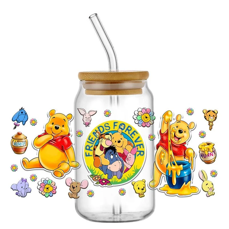 Miniso Disney Cartoon Bear Winnie the Pooh Pattern UV DTF Transfer Sticker Waterproof Transfers Decals For 16oz Glass Cup Wrap