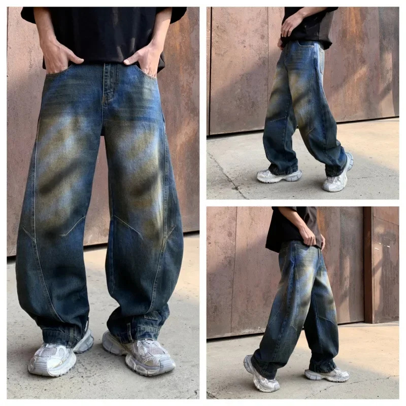

2025 мужские потертые джинсы, отбеленные прямые джинсы до щиколотки, однотонные потертые джинсы с высокой талией и карманами, винтажные молнии