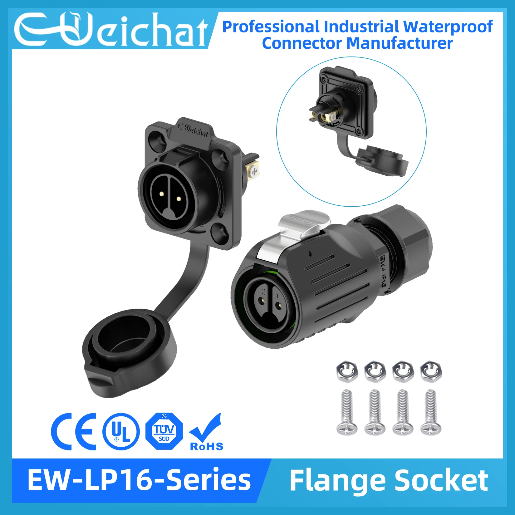 E-Weichat Screw Wiring EW-LP16 Industrial Waterproof IP68 Circular Aviation Electrical Connector M16 2-9 Pin Flange Socket