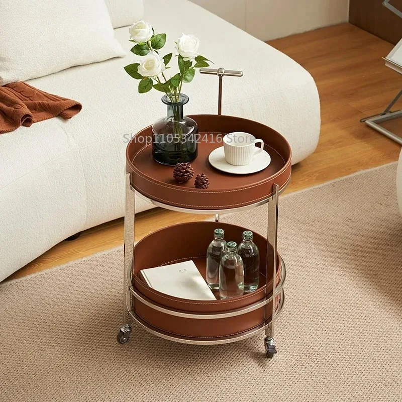 

Circular Movable Coffee Cart with Saddle Leather Surface, Multi-functional Storage Side Table for Sofa Edge