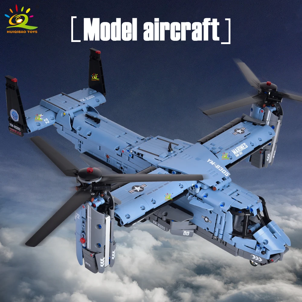 

HUIQIBAO 1389PCS V-22 Tiltrotor Aircraft Helicopter Building Block Children Military Airplane model Bricks Toy Brick home Decor.