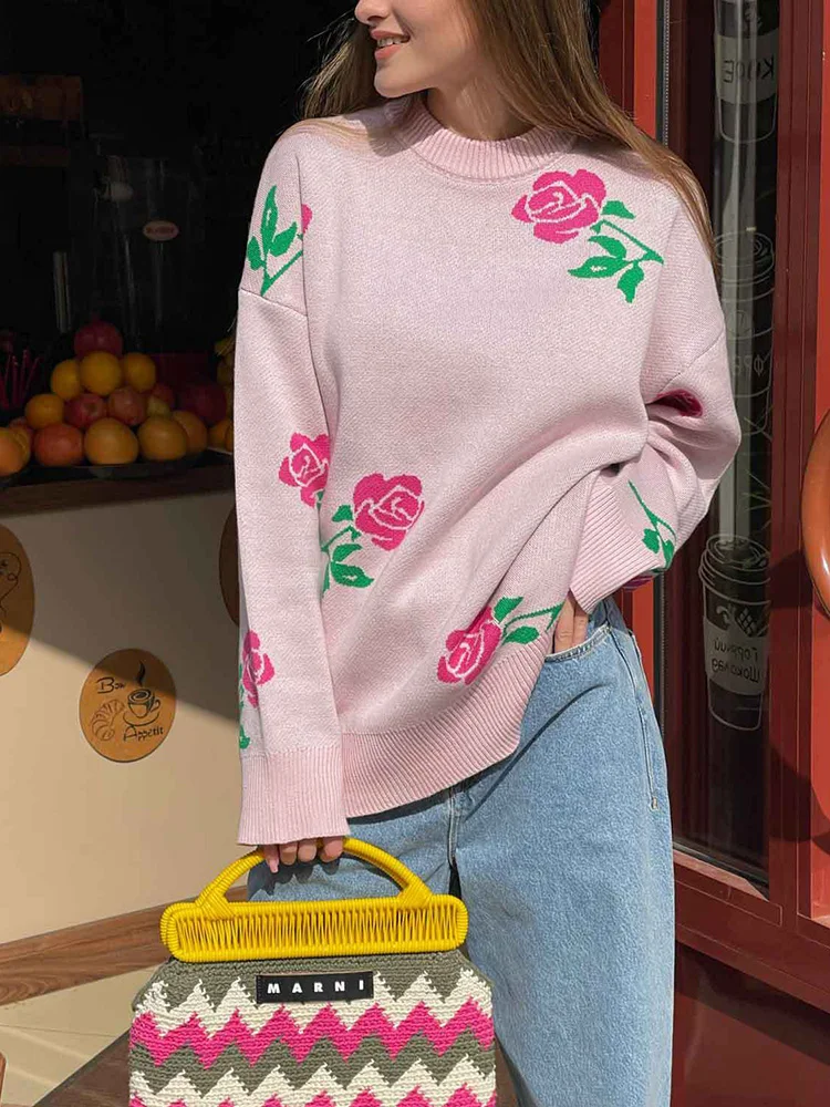 

Женский элегантный вязаный свитер с круглым вырезом, свитер с принтом роз, новинка на осень и зиму, повседневный длинный модный топ, пуловер для женщин 3141