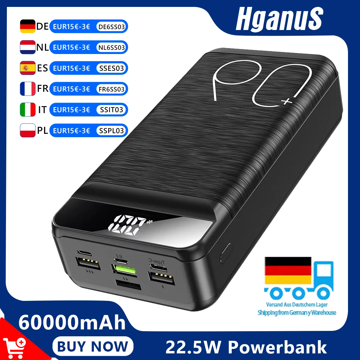 Hganus 60000mAh PowerBank Externer Akku 22,5W QC PD3.0 mit USB-C-Anschluss, schnelles Laden, große Kapazität und Taschenlampe für iPhone 17 und Xiaomi