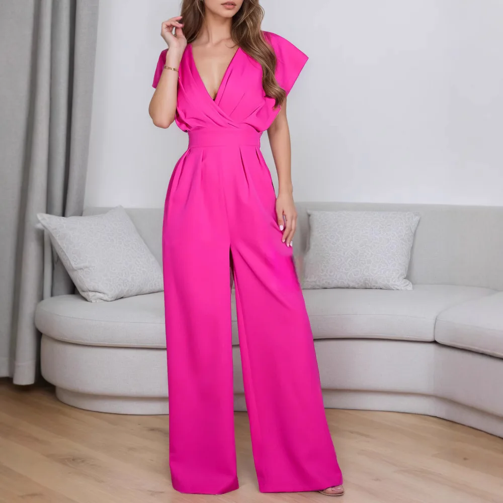 섹시한 딥 브이넥 하이 웨이스트 여성 반팔 점프 슈트 봄 가을 패션 우아한 독특한 흰색 여성 오피스 Rompers