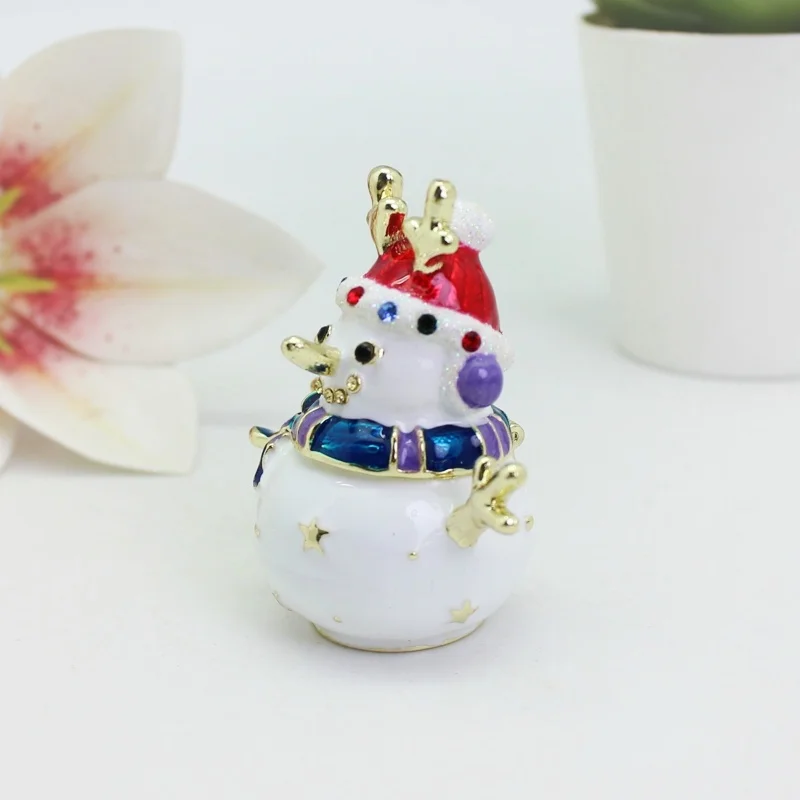 SHINNYGIFTS Emamel Metal Snowman Trinket Box with Hinged Hand Painted Jewelry Box Home Decor Gift for Christmas Birthday Easter