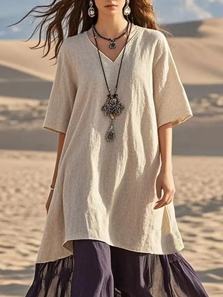 Spring Summer V Nec Color Blocking Splicing Holiday Beach Dress Woman Casua Five Quarter Sleeve Loose Swing Long Dresse Vintage