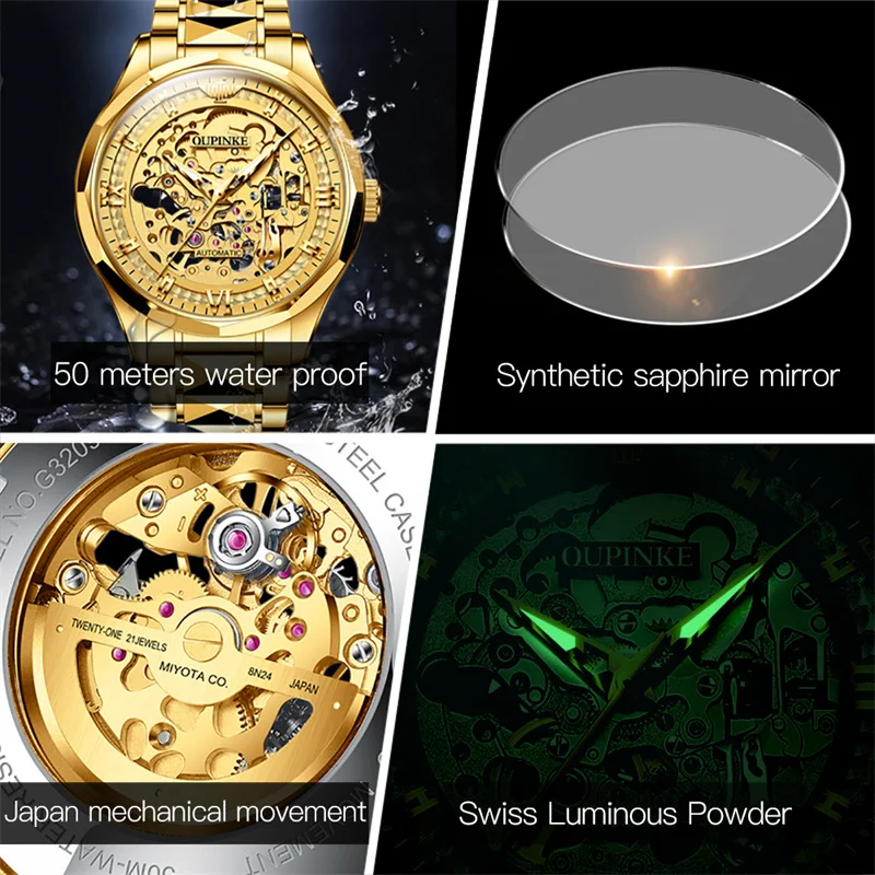 OUPINKE Top Brands Automatic Mechanical Men Watch Skeleton Waterproof Tungsten Steel Male Watches Fashion Casual Gift For Man