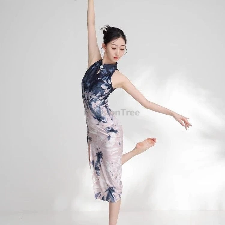 Classical Dance Sleeveless Qipao High Slits Dancing Dress Chinese-style High Stretch Printing Stage Performances Slim Cheongsam