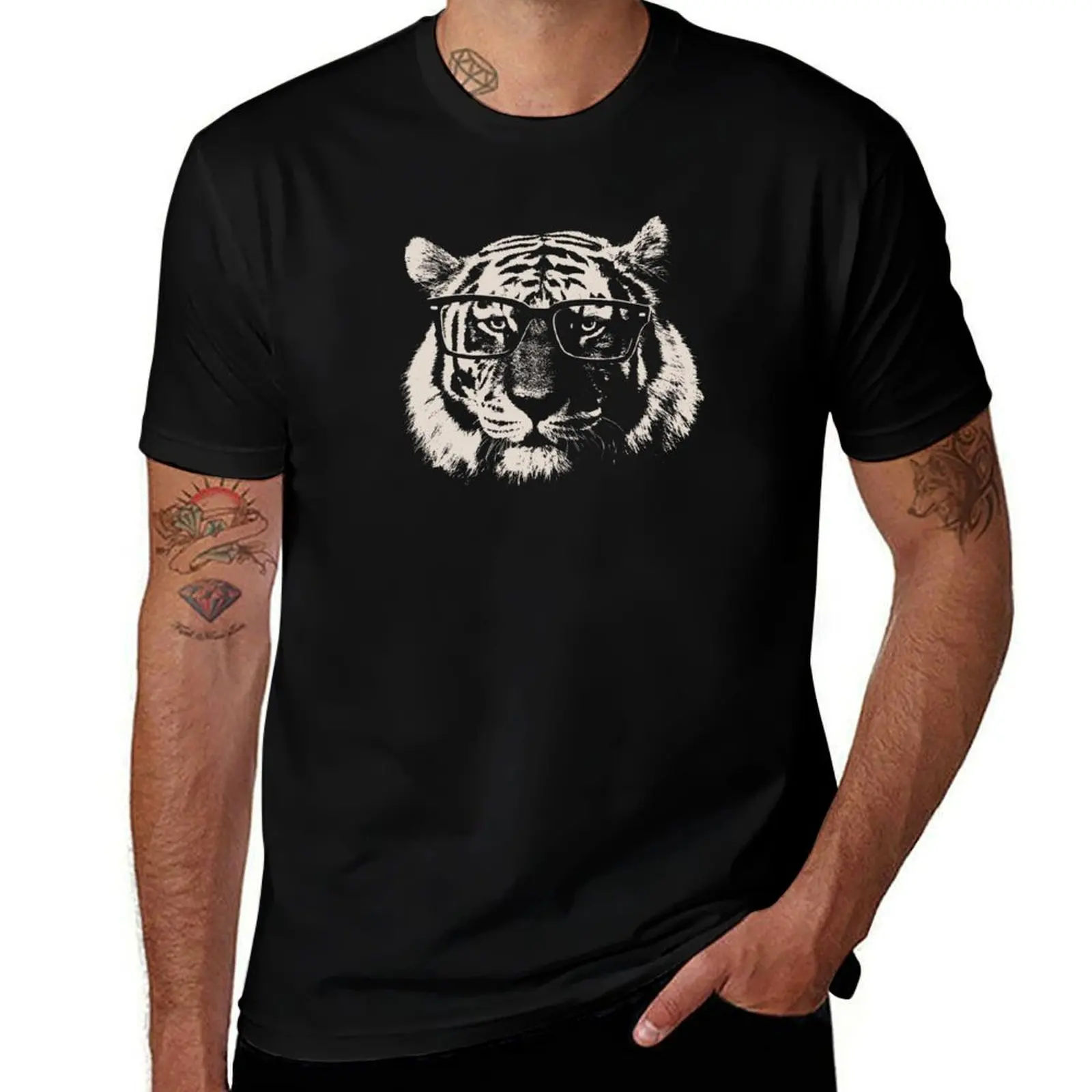 Hipster Tiger With Glasses T-Shirt Basic Solid Color Short Sleeve T-Shirt