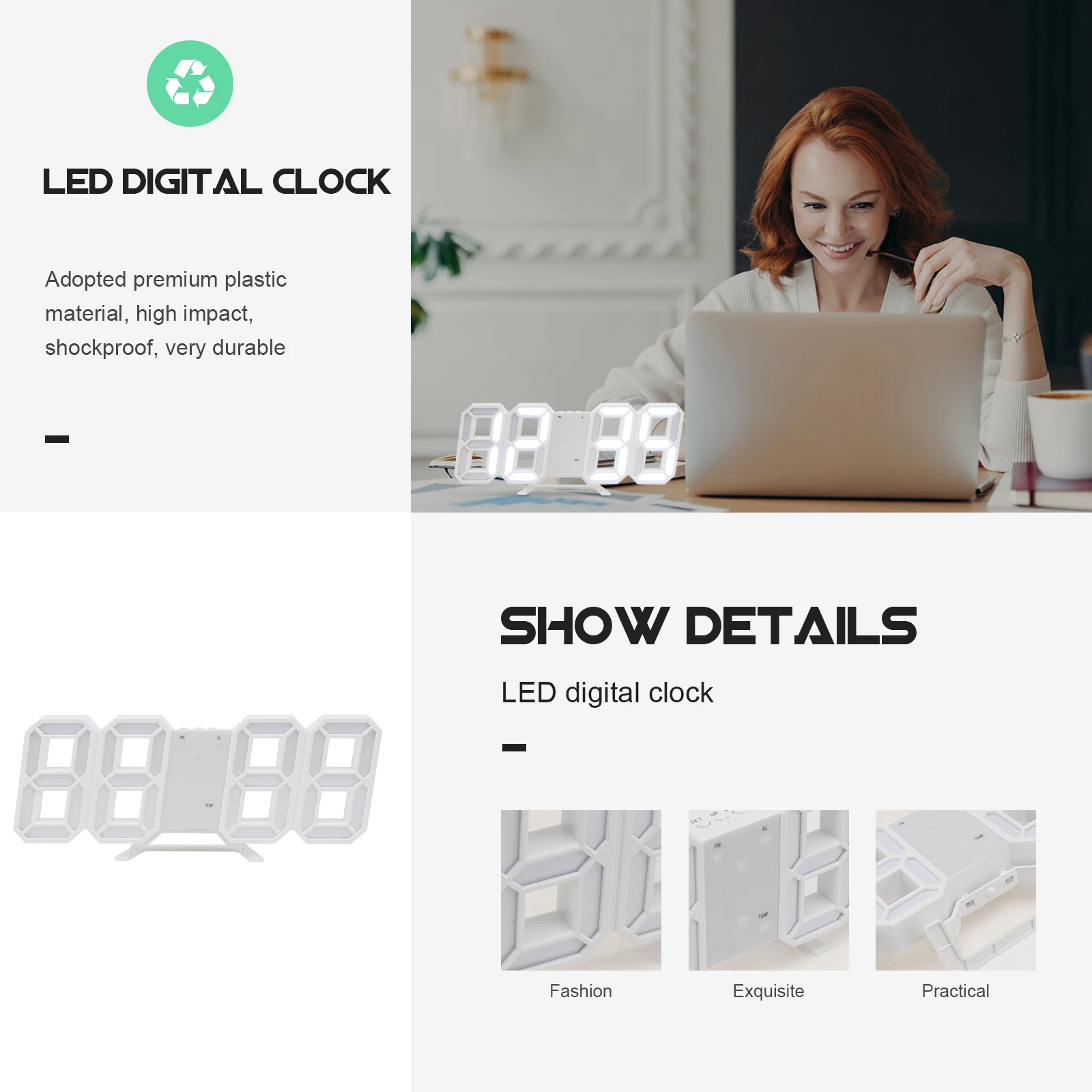 

LED Digital Clock White Display Modern Wall Table Clock for Office Bedroom Living Room Alarm Snooze Night Mode Settings