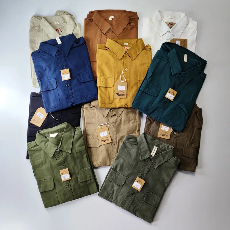 2025 Autumn New American Retro Woven Twill Cargo Shirt Men's Simple 100% Cotton Washed Long Sleeve Double Pocket Casual Blouses