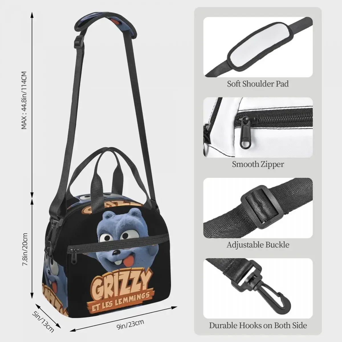 Happy Grizzy And The Lemmings Cartoon Lemmings Bear Square Insulated Lunch Bag for Kids School Cooler Thermal Box Lunch Boxes