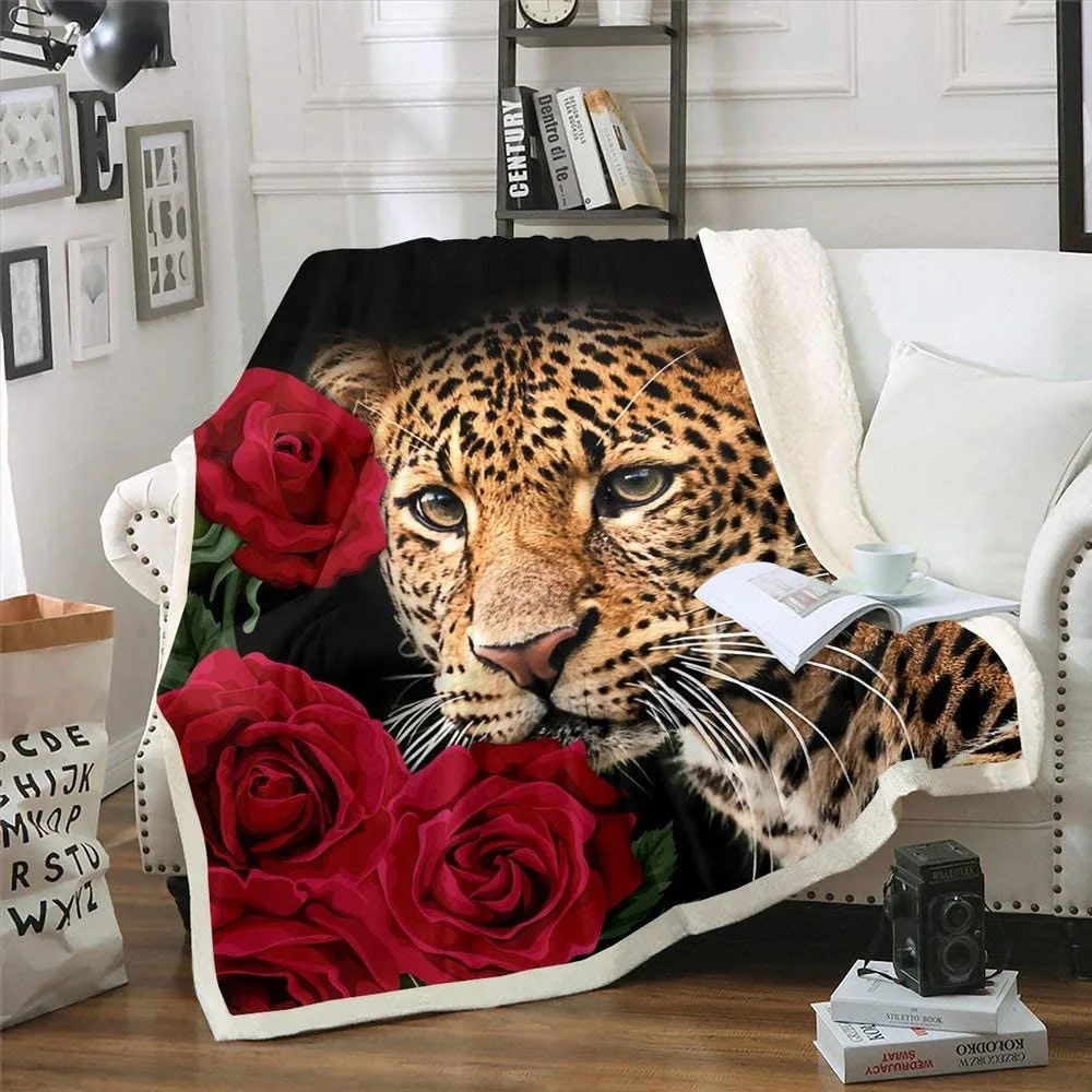 HX Fashion Animal Blankets Flowers and Leopards 3D Printed Throw Blankets for Bed Nap Keep Warm Double Layer Quilts