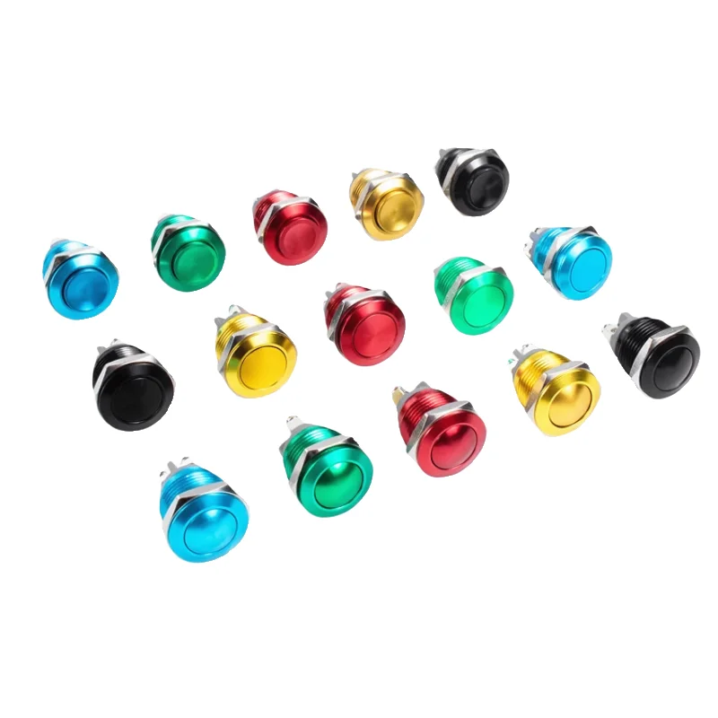 16mm metal button switches, fully oxidized screws, soldered legs, multiple colors, self-resetting, and inching