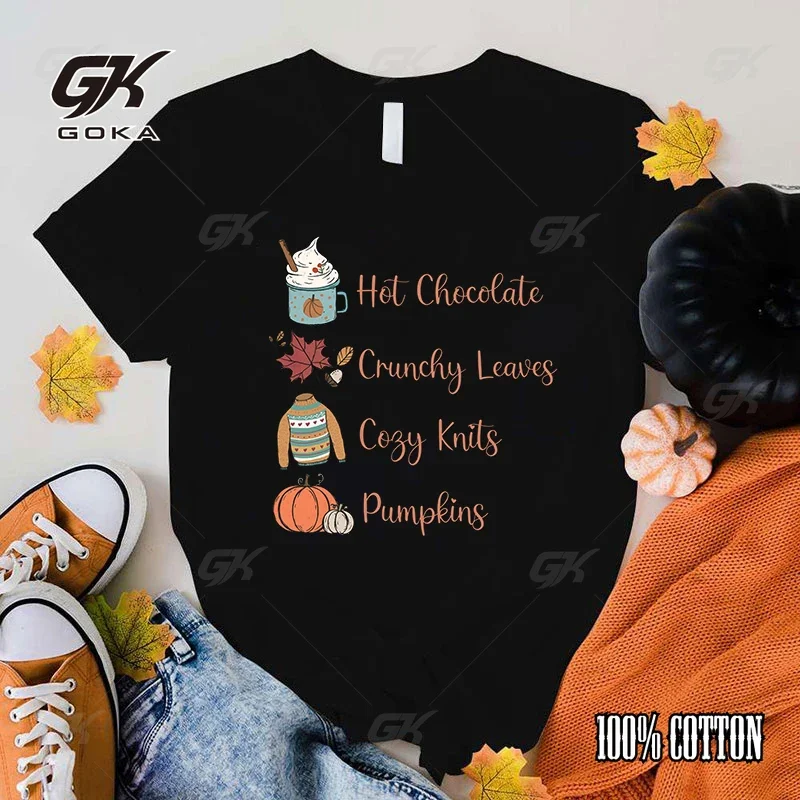 Fashion Fall Hot Chocolate Crunchy Leaves Cozy Knits Pumpkins Print T-Shirt Casual Short Sleeve Graphic Tee top