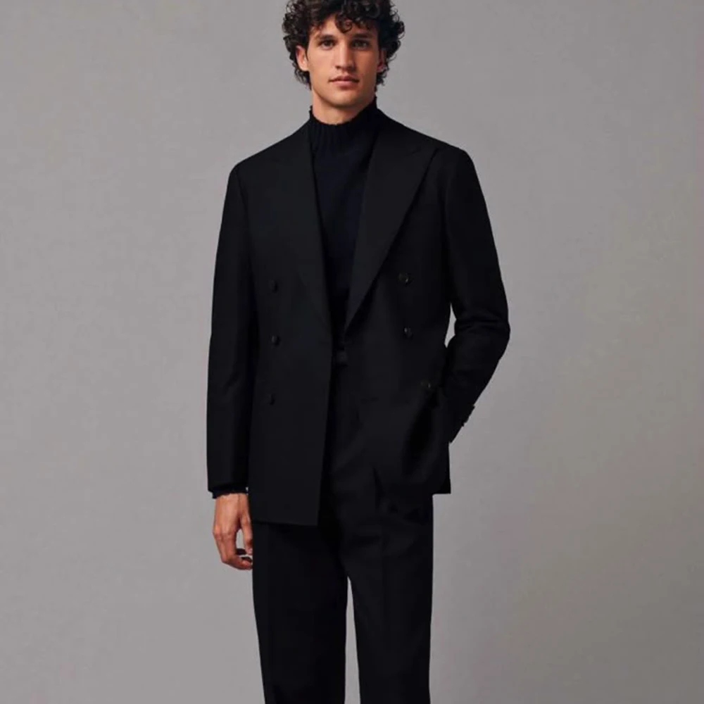 

Black Men's Fashion Buisness Suits 2 Piece Jacket Pant Sets Peak Lapel Double-Breasted Casual Office Party Male Clothing Outfit
