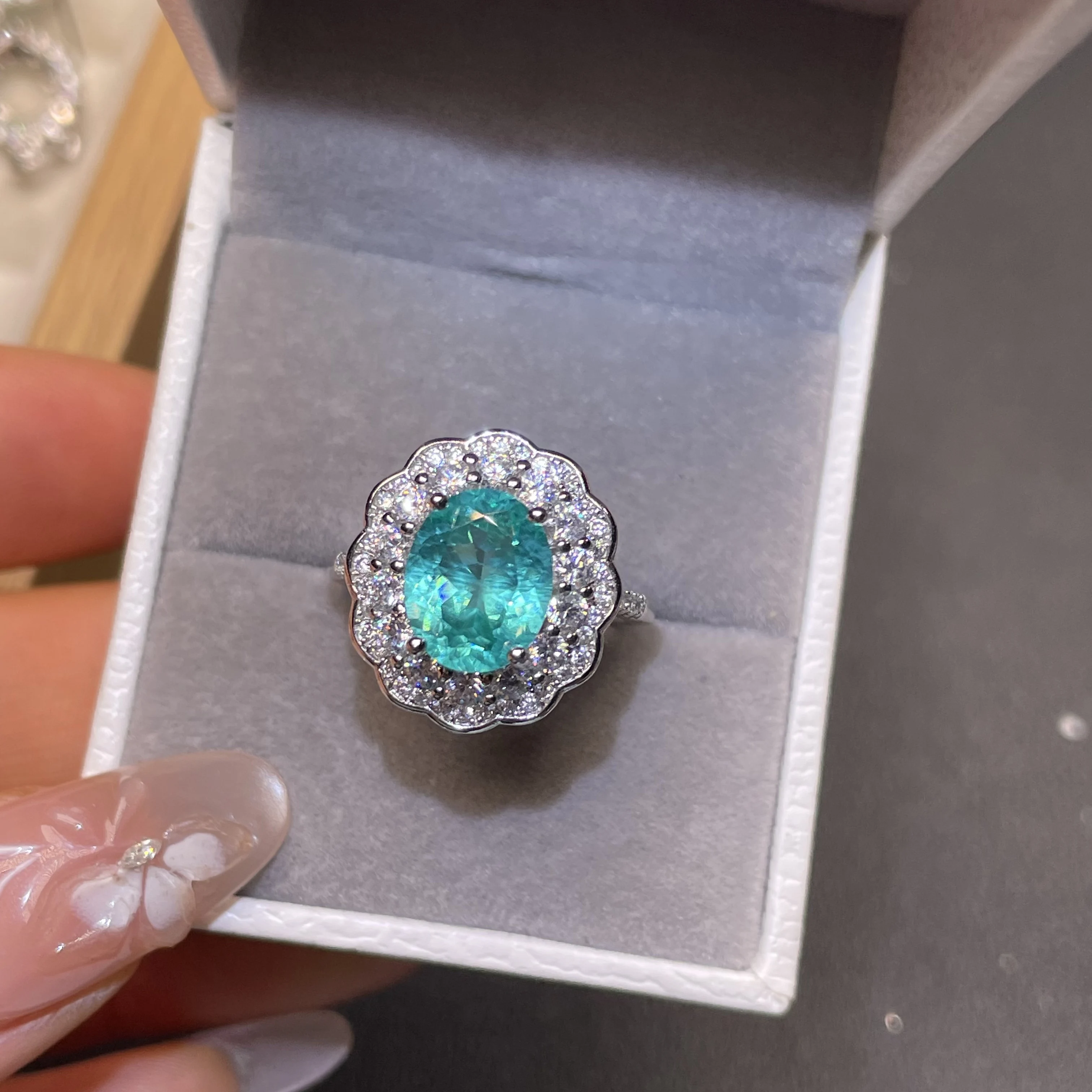 Natural Paraiba gemstone 925 silver flower design luxurious ring - perfect engagement jewelry for a grand party or as a gift