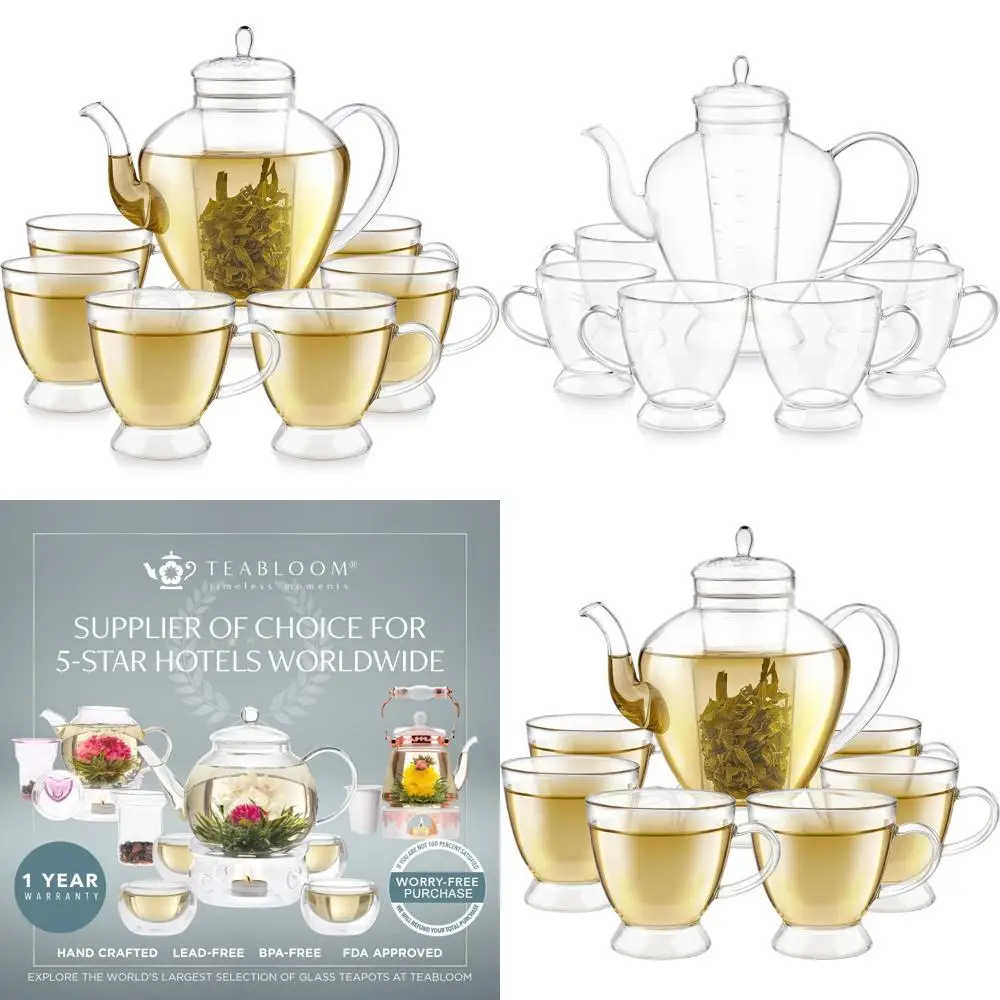 طقم إبريق شاي زجاجي بوروسيليكات أنيق سعة 50 أونصة مع مصفاة و6 أكواب لتجربة شاي نقي