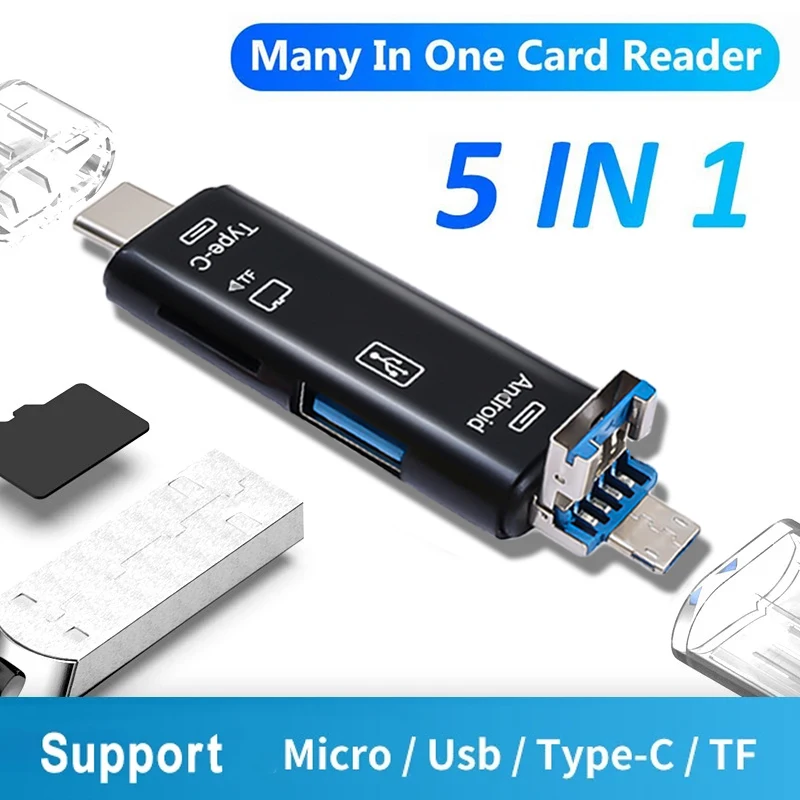 5 In 1 Multifunction Usb 2.0 Type C/Usb /Micro Usb/Tf/SD Memory Card Reader OTG Card Reader Adapter Mobile Phone Accessories