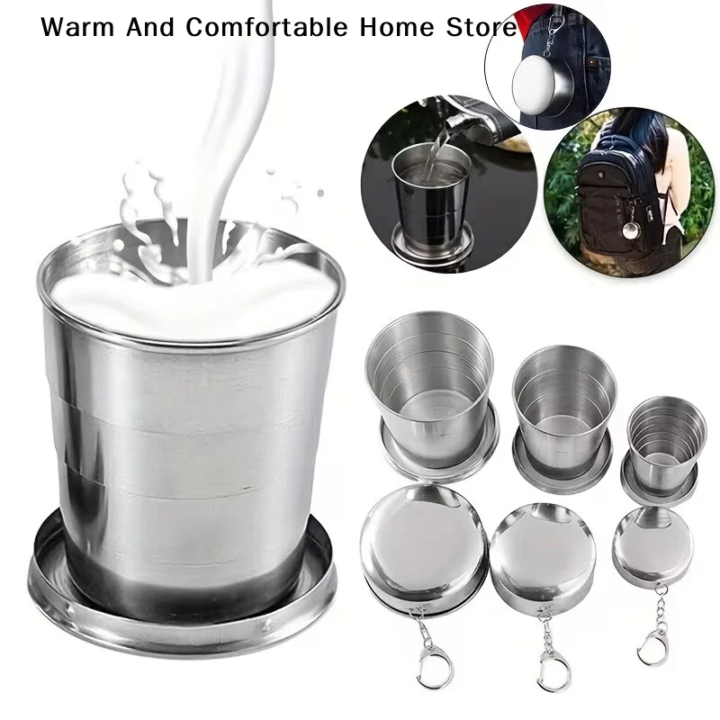 【W】250ml Stainless Steel Folding Cup Outdoor Travel Camping Portable Collapsible Water Cups With Keychain Retractable Teacups