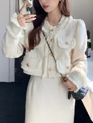 Conjunto de ropa informal para mujer, Chaqueta corta de Tweed blanca + Falda larga coreana, traje elegante y elegante ajustado, primavera 2023