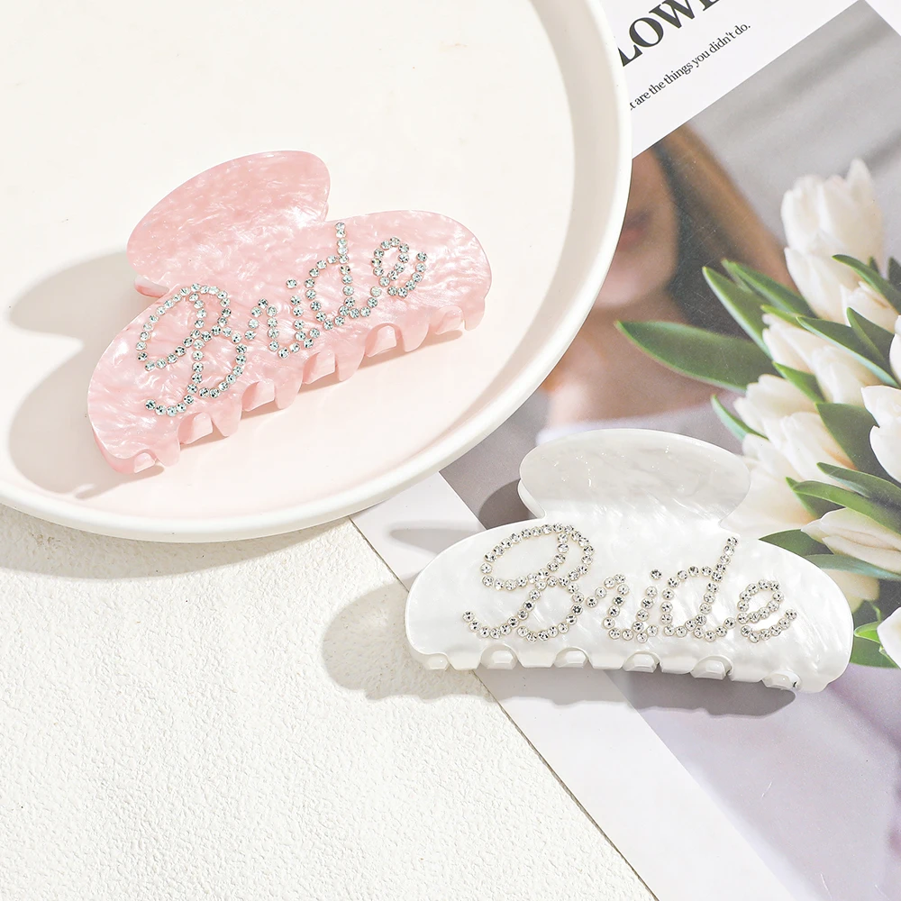 Rhinestone Bride Letter Hair Claw Clip Marble Acrylic Hair Jaw Clips Wedding Bridal Party Hair Accessories For Women view 2