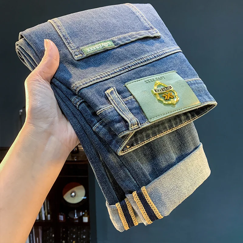 

2025 new high-end jeans men's blue small straight leg casual luxury trend slim fit elastic washed long pants