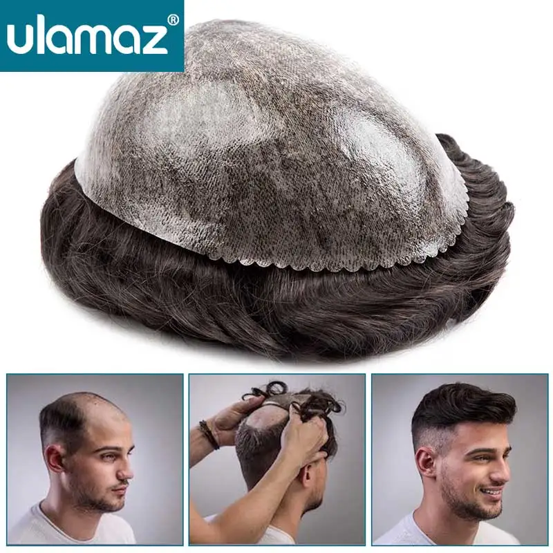 Men's Wig Human Hair Injected Toupee Hair Men Knot Free Microskin Male Hair Prosthesis 6