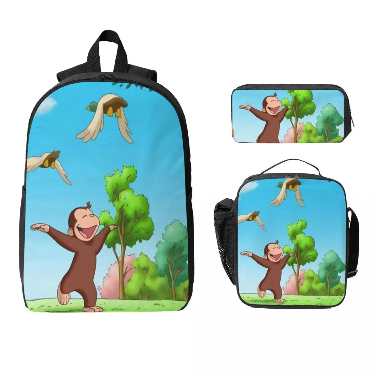 Curious George Backpack Student Boys Girls BookBag School Bag Computer Shoulder Bags 3ps Insulated Lunch Bag Pencil Case