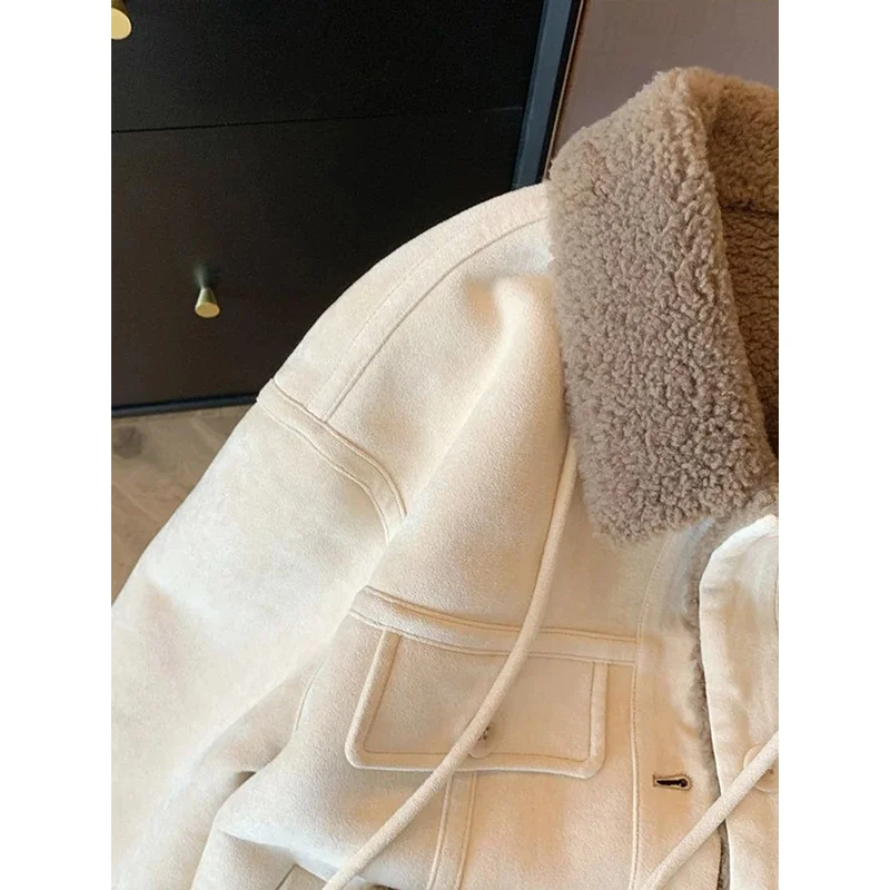 스웨이드 벨벳 램스 울 재킷 여성 가을 겨울 두꺼운 따뜻한 턴다운 칼라 코트 Y2K 루즈핏 스트릿웨어 모든 스타일에 어울리는 긴팔 아우터