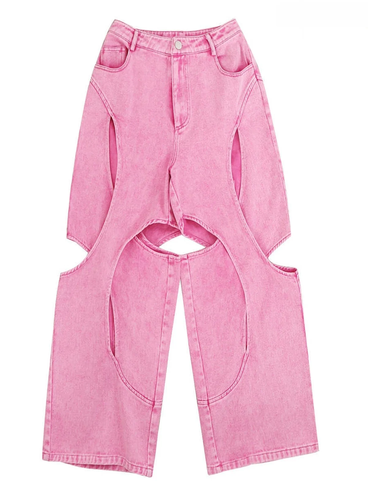 

Pink Denim Thin Hole Pants High Waist Long Trousers Splicing Deconstruction Hollow Perspective Irregular Jeans