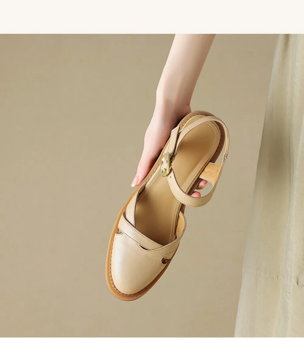 2024 Summer New Style, Baotou Large Sandals for Women, Vintage Genuine Leather High Heels, Roman Shoes, Elegant Temperament